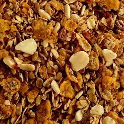 GRANOLA CON CACAO X 500 GR ( avena, copos de maíz, almendras, azúcar, miel, cacao)