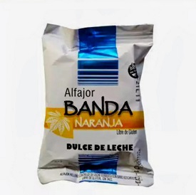 ALFAJOR BANDA NARANJA DULCE DE LECHE CON BAÑO AZUCARADO X 42 GR SIN TACC