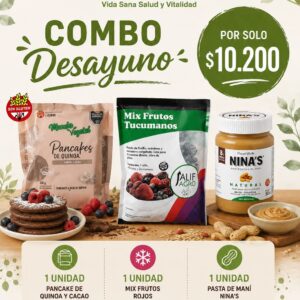 COMBO DESAYUNO # 2 - PANCAKE DE QUINOA Y CACAO 1 U; MIX DE FRUTOS ROJOS 250 Gr 1 U, PASTA DE MANÍ NINA´S 1 U