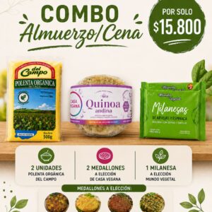 COMBO ALMUERZO/CENA - POLENTA ORGÁNICA 500 Gr 1 U; MEDALLON CASA VEGANA A ELECCIÓN 1 U; MILANESAS MUNDO VEGETAL A ELCCION 1 U