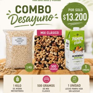 COMBO DESAYUNO #1 - AVENA INSTANTÁNEA 1 Kg; MIX CLÁSICO NAMASTÉ 500 Gr; LECHE PAMPA VIDA SIN AZUCAR 1 UNIDAD.